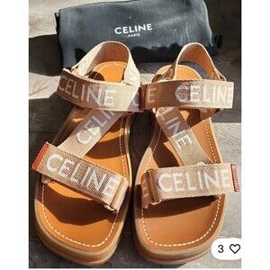CELINE Paris Leo Wool Jacquard Strappy Sandals Light Beige/White Sz 37 MSRP $850